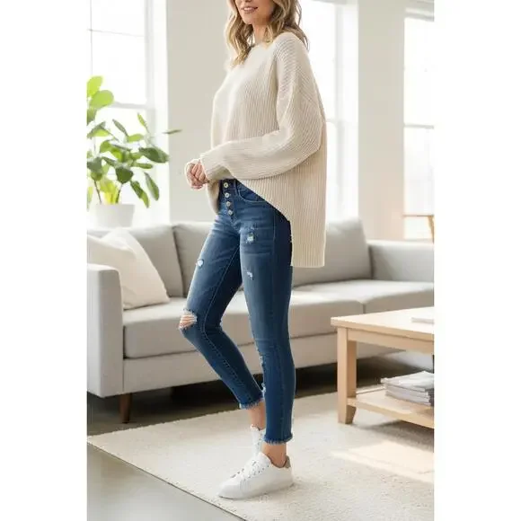 Distressed MidRise Button Fly Ankle Skny Jeans - Picture 4 of 8